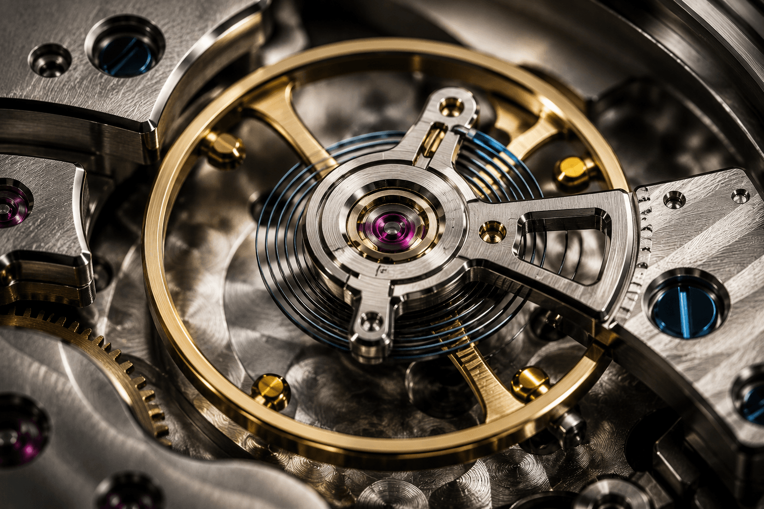 Macro — balance wheel and brass gears beneath the loupe