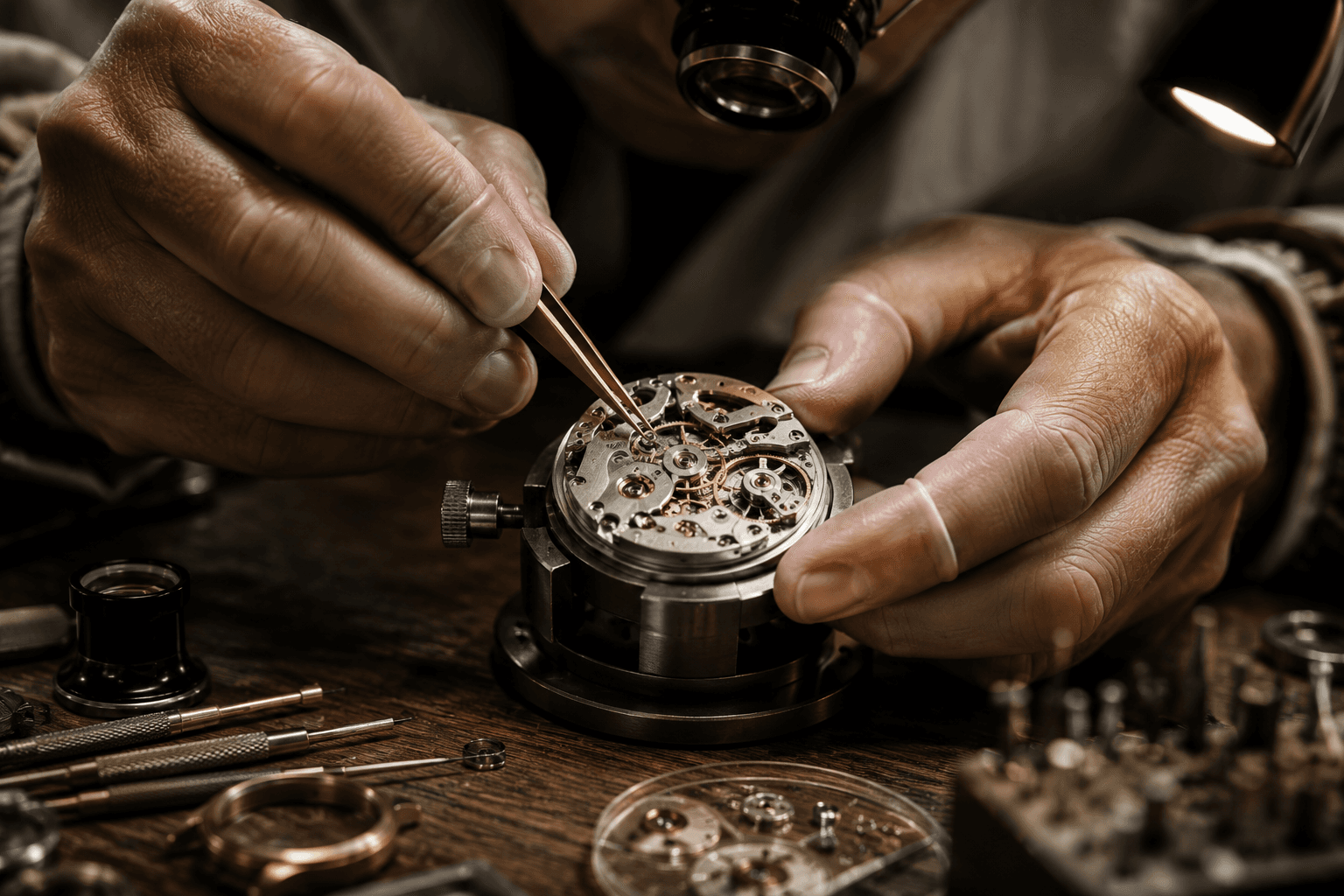 Watchmaker's hands setting a jewel